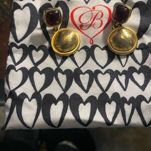 Gold-Tone Drop Earrings with Deep Red Stone